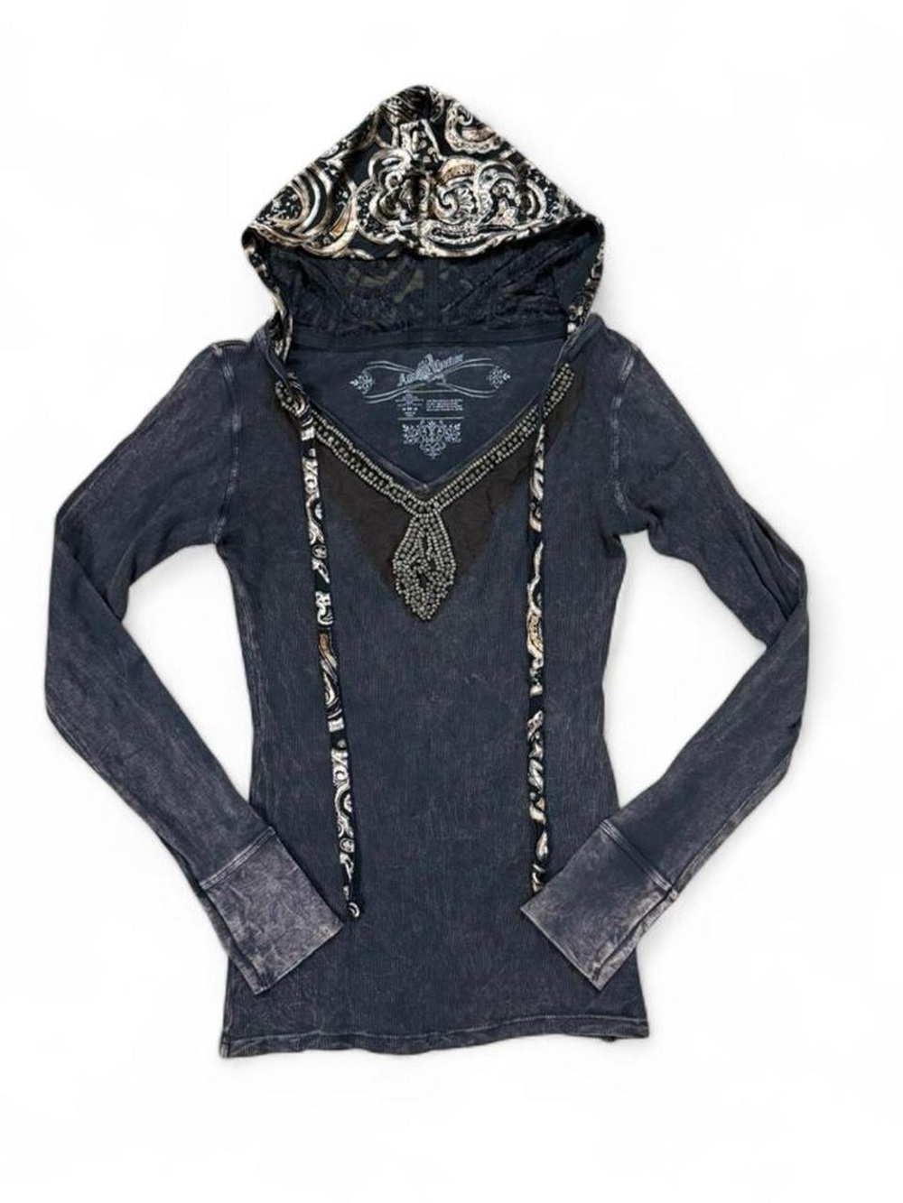Y2K Awake Couture Black Bleached Beaded Paisley Hooded Long Sleeve Top